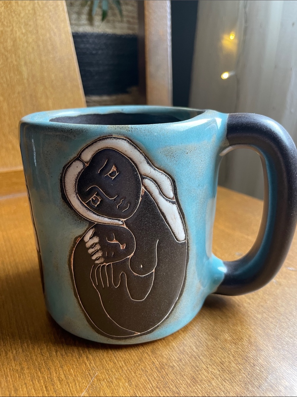 Ceramic Turquoise Blue Mother & Child Art Mug